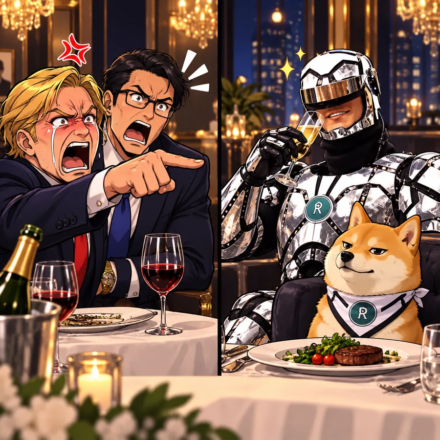 Angry jeets yelling at Robotron dining with a doge